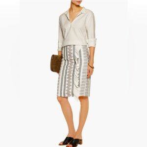 Tory Burch Women’s 10 Off White Embroidered Smocked Pencil Skirt with Ruffle